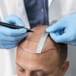 Injerto de cabello - tricólogo dibujando el diseño de un implante capilar en la cabeza calva de un paciente