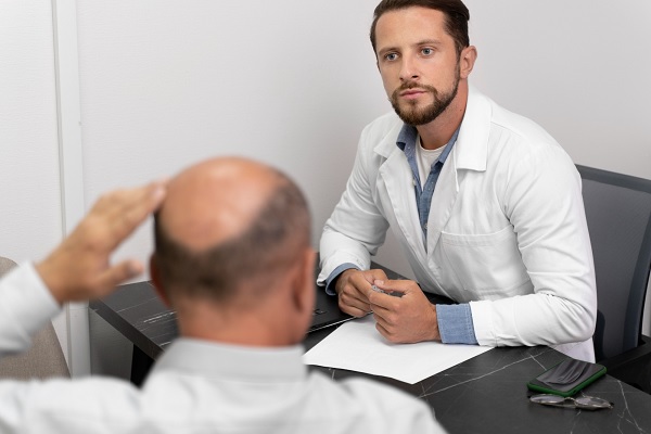 paciente calvo en consulta con tricólogo, en una de las mejores clínicas capilares