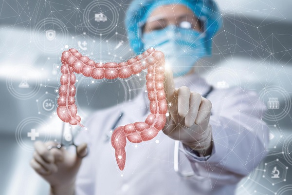 una especialista sostiene un modelo del intestino, en una pantalla con avances tecnológicos 