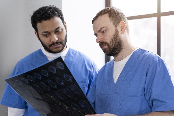 dos especialistas en neurología analizan la tomografía de un paciente