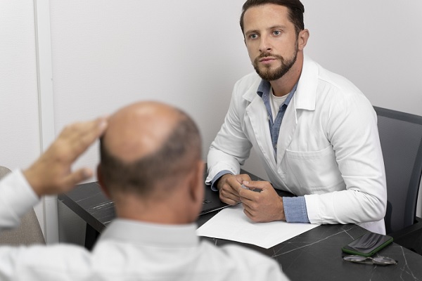 especialista en consulta con paciente calvo para un injerto de cabello