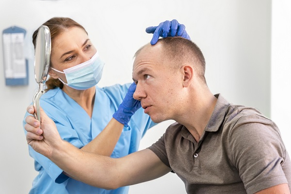 un hombre en revisión medica, para asegurarse que el procedimiento sane bien