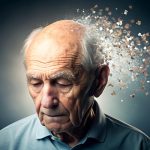 alzheimer en México - un anciano viendo hacia abajo, mientras se muestra como de la parte de atrás se deshace, mostrándonos como esta enfermedad va destruyendo poco a poco la memoria