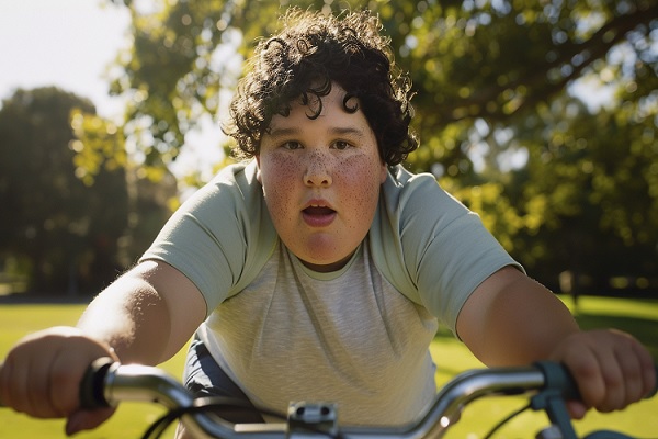 un niño con obesidad en una bicicleta haciendo ejrcico, lo que ayuda como tratamiento a este síndrome metabólico
