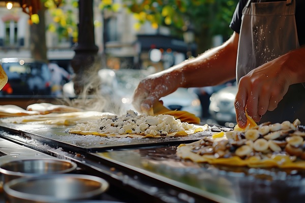 hepatitis A - vista de un hombre preparando comida en un puesto callejero