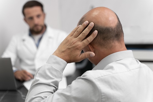hombre con calvicie en consulta con un especialista 