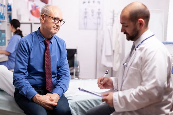 doctor hace chequeo medico a hombre adulto de la tercera edad