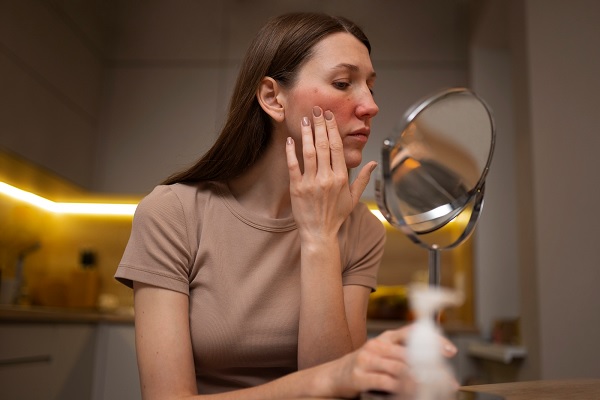 una mujer con el rostro enrojecido como efecto secundario de la inyección de relleno facial