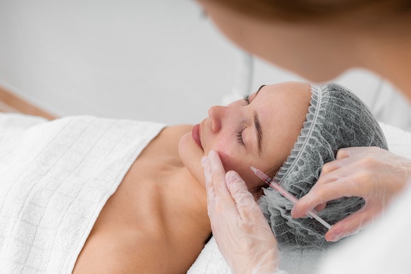 una especialista le inyecta un relleno facial a una clienta femenina