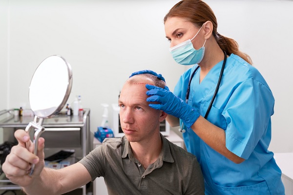 trasplante de cabello precio - una especialista le muestra a paciente con un espejo, el área donde ese va a realizar el procedimiento